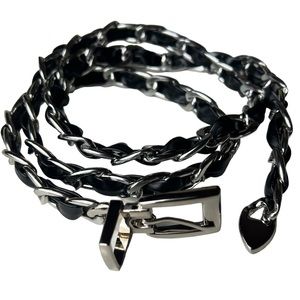 Chain Belt Black faux Leather Silver Chain with Heart Medallion Belt